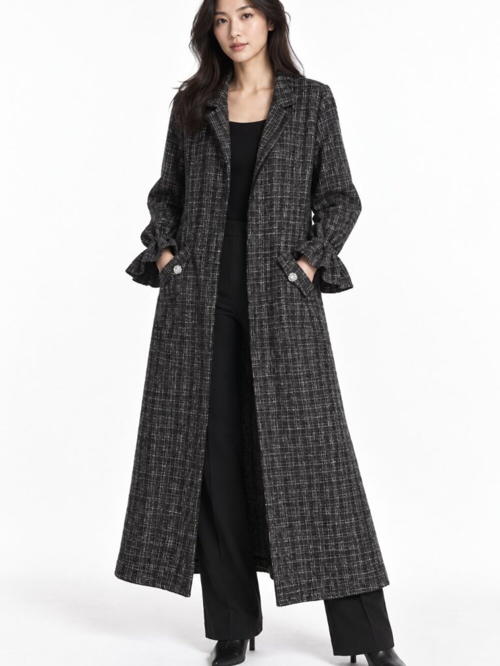 RINA Tweed Long Duster Coat Rhinestone Accents Ruffle Cuffs Black White L